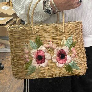 Straw Handbag with Flowers